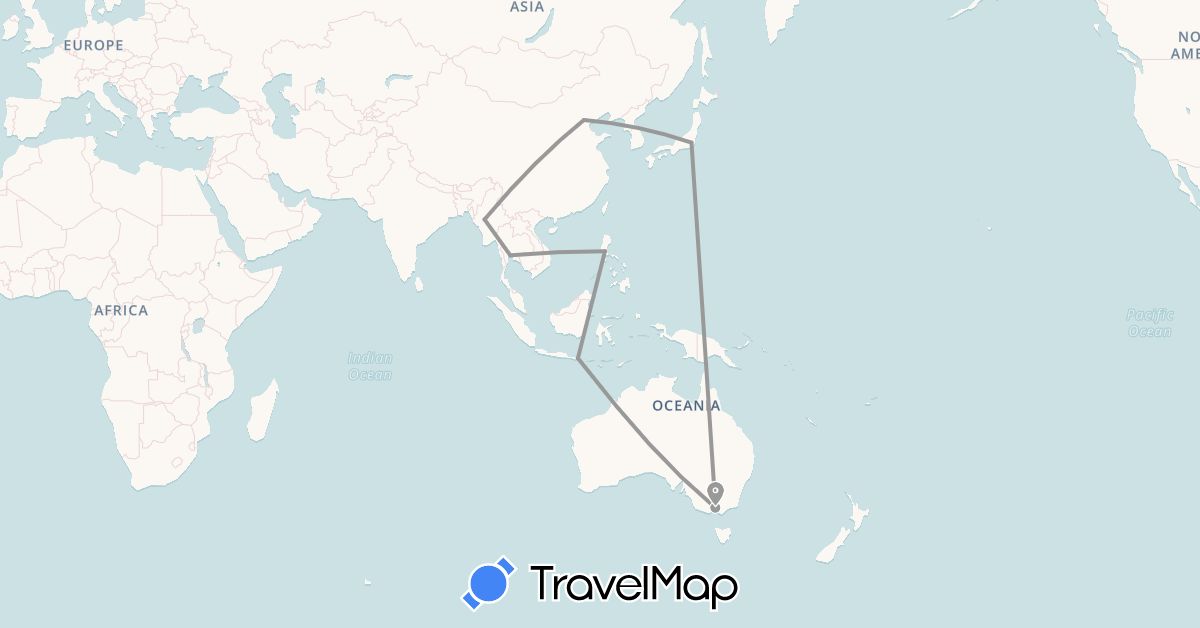 TravelMap itinerary: plane in Australia, China, Indonesia, Japan, Myanmar (Burma), Philippines, Thailand (Asia, Oceania)